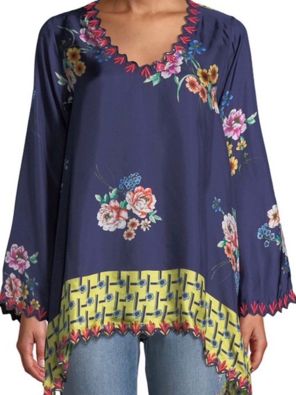 Johnny Was XL 100% Silk Blue Floral Tunic Blouse Embroidered Trim